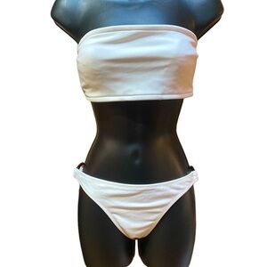 White bandeau swim top in XL, white Medium swim bottom side detail